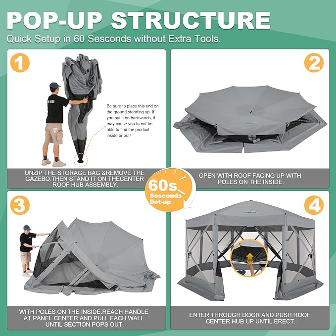 COBIZI 15x15ft Extra Large Pop-Up Gazebo Canopy Tent with Mosquito Netting, Spacious Easy Set-Up Screened Shelter, Durable Outdoor Pavilion with Ground Stakes, Perfect for Patio, Backyard,Gray
