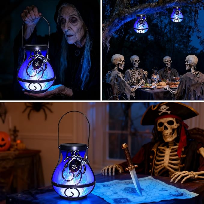 2 Pack Solar Halloween Hanging Lights Outdoor,Solar Spider Flickering Flame Lantern for Garden Yard Patio Halloween Party Decoration