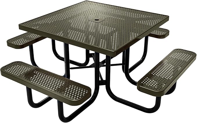 COATEDOUTDOORFURNITURE Heavy-Duty Portable Outdoor Picnic Table with Umbrella Hole, Punched Steel Commercial-Grade Patio Dining Furniture Made in America (46" Square Top, Textured Gold Vein)