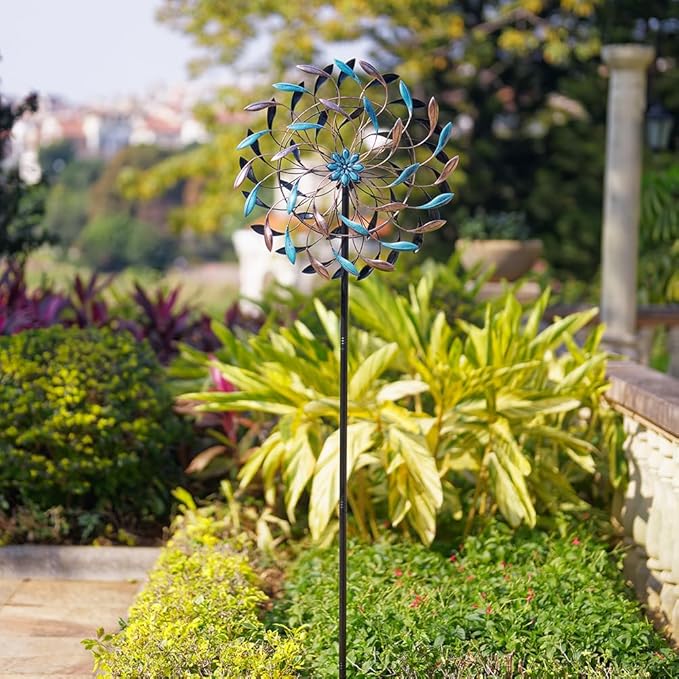 DREAMYSOUL Wind Spinner Outdoor, 23" Dia Metal Windmills with Blue and Copper Leaves, Kinetic Wind Spinners & Sculpture for Yard and Garden