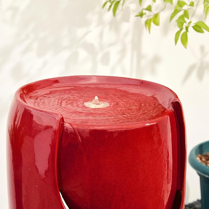 Glitzhome 29.25" H Oversized Ceramic Vase Outdoor Water Fountain Tall Patio Garden Water Fountain with LED Light and Submersible Pump Yard Art Decor, Red