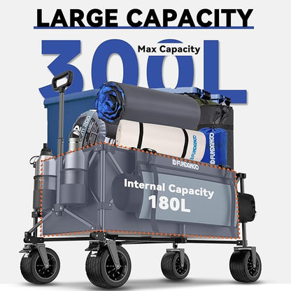 FUNDANGO 600lbs Heavy Duty Wagon, Foldable Beach Collapsible Wagons Garden Cart with Brakes, Side Pockets & All-Terrain Big Wheels for Sports Camping Shopping Groceries, Black
