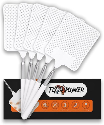 5-Pack Heavy Duty Fly Swatters – Indoor Manual Bug Swatter Set with Long Reach Handle – Stealthy, Durable and Compact Design for Home Use (White)