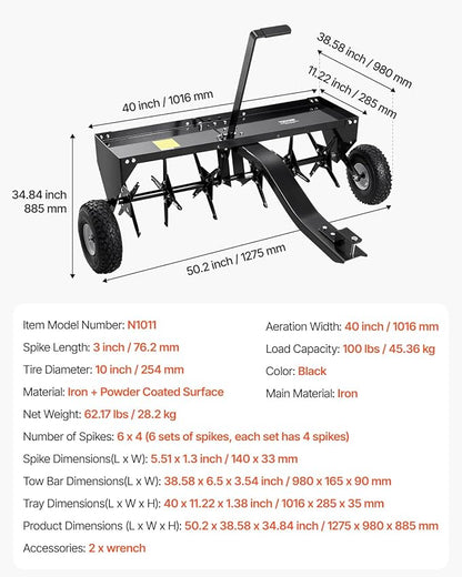 VEVOR Tow Behind Plug Aerator, 40-Inch Tow Behind Lawn Plug Aerator with Universal Hitch, Pull Behind Aerator with Iron Spikes Alternately Arranged, Lawn Aerator Tow Behind for Gardens, Lawns, Farms