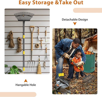 Rake for Leaves: Large 18" Wide Metal Leaf Rake, 65” Long Handle,25 Tines,Heavy Duty Graden Rakes Set for Lawn Yard Pine Needles Mulch Thatch Debris Cleanup Set with 32Gallon Leaf Bags and Scoops