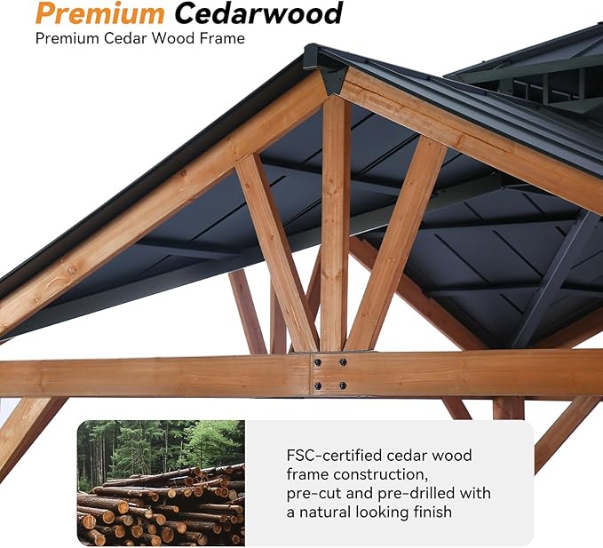 Modern Shade Cedar Wood Gazebo 12’ x 12’, Heavy Duty Hardtop Gazebo with Steel Roof, Water Resistant, Wind Resistant, Solid Wood Framed Pavilion, Perfect for Your Permanent Outdoor Pavilion