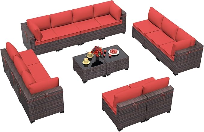 Outdoor Patio Furniture Set, 14 Pieces Outdoor Furniture All Weather Patio Sectional Sofa PE Wicker Modular Conversation Sets with Coffee Table,12 Chairs & Seat Clips(Red)