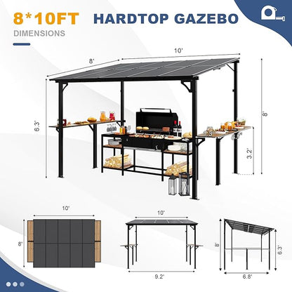 MEISSALIVVE 8' x 10' Wall Mounted Gazebo, Outdoor BBQ Grill Gazebo with Side Shelf, Lean to Metal Awnings with Sloped Roof, Heavy Duty Pergola for Backyard, Deck, Black