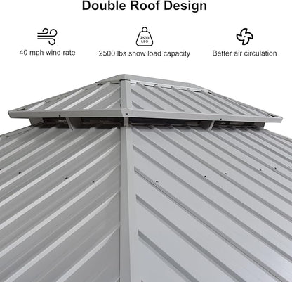 PURPLE LEAF 11' x 13' Permanent Hardtop Gazebo with Galvanized Steel Double Roof and Aluminum Frames Outdoor Large Pavilion Gazebo for Patio Deck Garden, Netting and Curtains Included, Light Grey