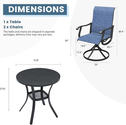 DIFY 3 Pieces Outdoor Patio Bistro Dining Set, 2 Blue Textilene Swivel Dining Chairs and 27.6" Black Small Round Dining Table, Outdoor Table and Chairs