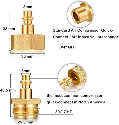 RV 1/4" Quick Connector to 3/4" GHT Garden Hose Adapter - Brass (Male + Female), Winter Freeze Protection & Water Drain for Camping RV, Boat, Hose Blow-Out Plugs