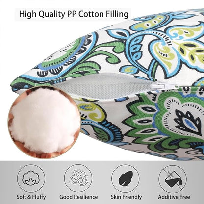 Magpie Fabrcis Pack of 2 Outdoor Waterproof Throw Pillow with Insert 18 x 18 Inch, Christmas Decorative Back Cushion Pad for Garden Patio Tent Balcony Couch Sofa(Floral Blue Green)
