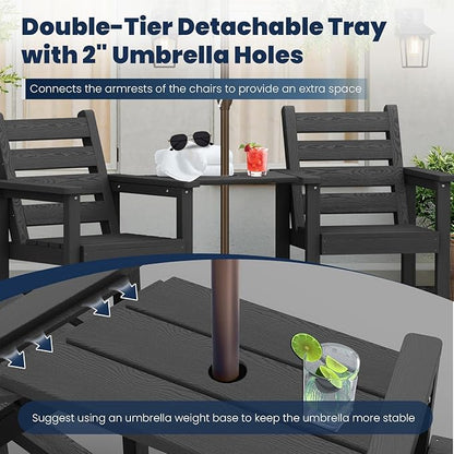 Tall Adirondack Chairs Set of 2, All Weather HDPE Poly Bar Height Balcony Adirondack Chair with Removable Double Connecting Trays, Outdoor Adirondack Barstools for Deck, Patio, Yard, Pool, Lawn