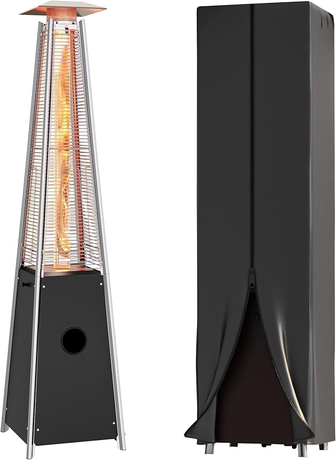YITAHOME Pyramid Patio Heater with Quartz Flame Tube, 42,000–48,000 BTU Outdoor Propane or Gas Heater with Wheels and Cover, and Auto Shut-Off Protection for Backyards, Gardens, Bars, Black