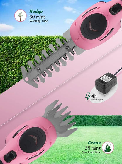 Lichamp 2-in-1 Electric Hand Held Grass Shear Pink Hedge Trimmer Shrubbery Clipper Cordless Battery Powered Rechargeable for Garden and Lawn, CGS3602PK Pink