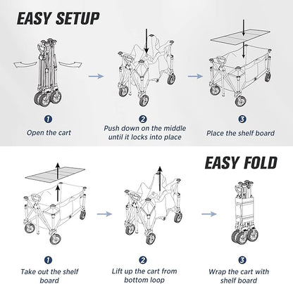 EAGLE PEAK Heavy-Duty Collapsible Folding Utility Wagon, All Terrain Garden Hand Cart with Large Size Pocket and Cup Holders for Sports, Beach, Camping, Garden, and Grocery, Dark Blue