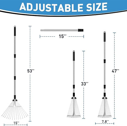 Garden Rake for Leaves, Metal Adjustable Leaf Rake for Lawns, Length 37"-53", Adjustable Expandable Head 8"-15", Garden Tools for Lawn Garden Yard Flowers Beds Bush