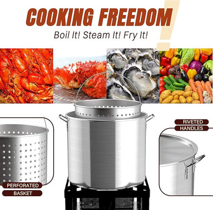 80QT Crawfish Boiler Kit, Waterproof Cover & 18-inch Skimmer, 110,000BTU Propane Burner Stove, 0-20PSIG Regulator, Aluminum Seafood Boil Pot, Crab Boil Pot with Basket