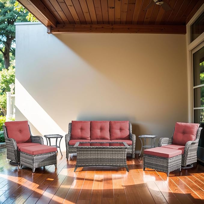 Outdoor Furniture Set：8 PCS Patio Furniture Set with Outdoor Swivel Rocker Patio Chairs, Grey/Red