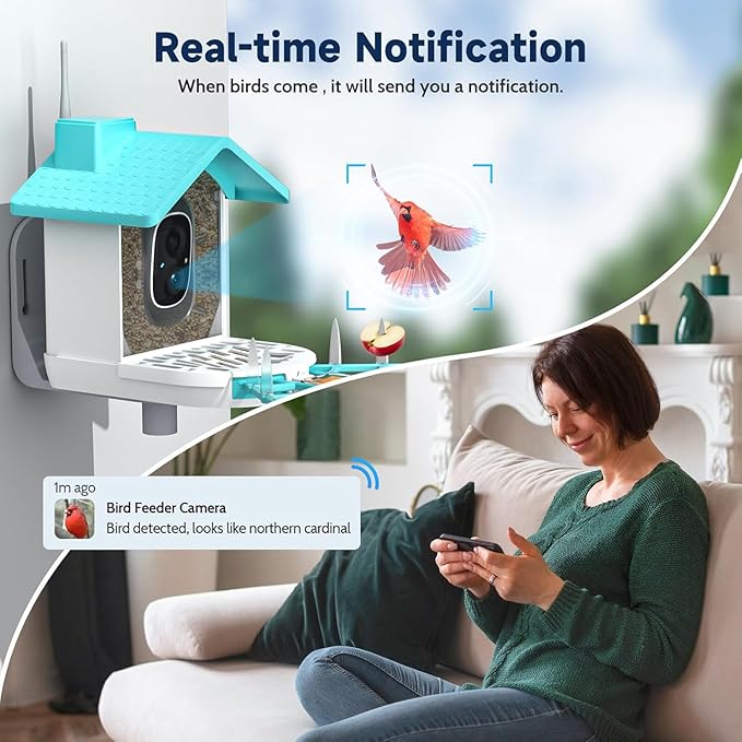 Smart Bird Feeder with Camera, 2K HD Smart Bird House with Camera,Solar Powered,Instant Arrival Alerts,AI Identify Birds Species,SD/Cloud Storage,Ideal Gift for Bird Lovers,Dad,Mom(2.4G WiFi Only