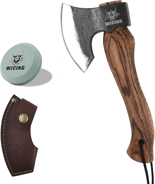 10.6 in Hatchet, 1065 Manganese Steel and Beech Wood Handle with Leather Sheath for Camping, Carving, Bushcraft Outdoor