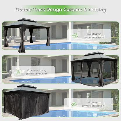 Domi 10’x14’ Hardtop Gazebo with Gutters, Outdoor Metal Gazebo Canopy with Resin & Galvanized Steel Roof, Permanent Pavilion for Patio, Backyard, Lawn, Hot Tub, Curtains and Mosquito Netting Included