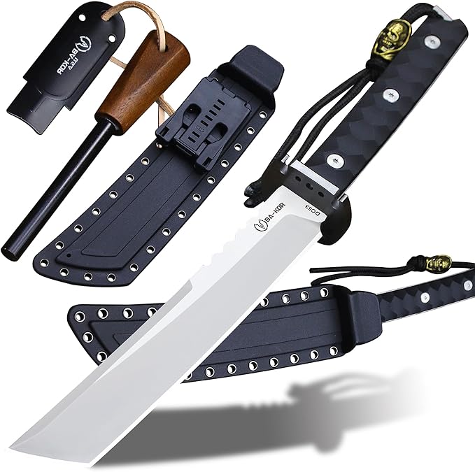 BA-KOR 15.8in Full Tang Japanese Style Outdoor Knife –8mm DC53 Steel, Nylon Fiber Handle &Sheath, Hunting Survival Knife+(5.9in) cerium igniter (Black handle and white blade (8mm))