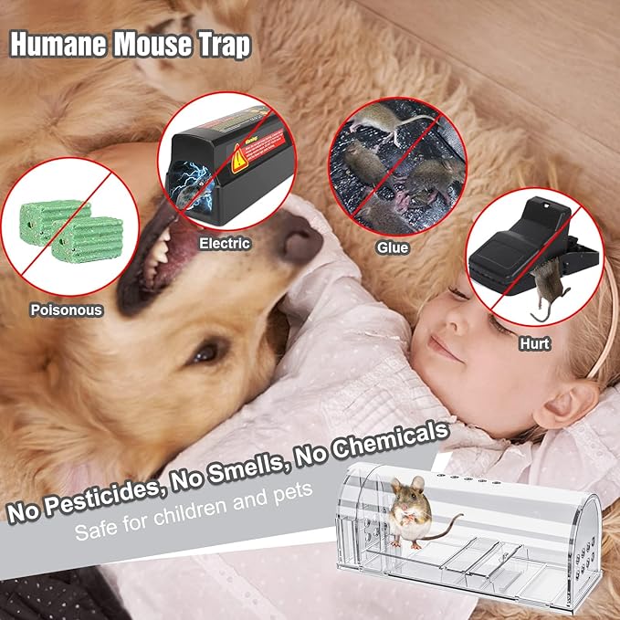 4 Pcs Humane Mouse Traps Indoor for Home, Live Mouse Trap, Reusable Mice Trap Catcher for House & Outdoors (4Pack)