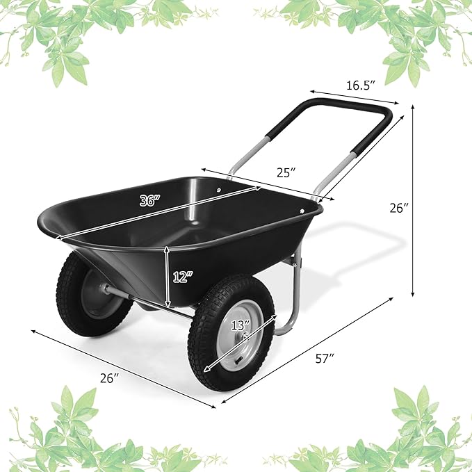 ERGOMASTER Dual-Wheel Wheelbarrow, Home Utility Garden Cart, 330 LBS Capacity, Large Heavy Duty Yard Cart for Gardening & Planting, Lawn, Farm, Construction Site, Black