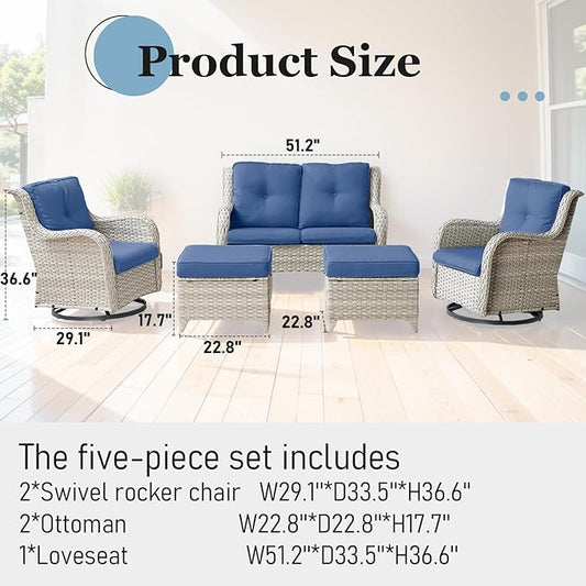 Patio Chairs Set, 5 PCS Furniture with Loveseat, Swivel Rocker Patio Chairs and 2 Wicker Ottoman, Light Grey / Blue, Casual/Tropical Style