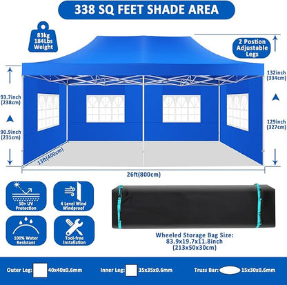 COBIZI 13x26 Pop Up Canopy with 6 Sidewall,Heavy Duty Canopy UPF 50+ All Season Wind Waterproof Commercial Outdoor Wedding Party Tents for Parties Canopy Gazebo with Roller Bag(13 x 26 ft Blue)