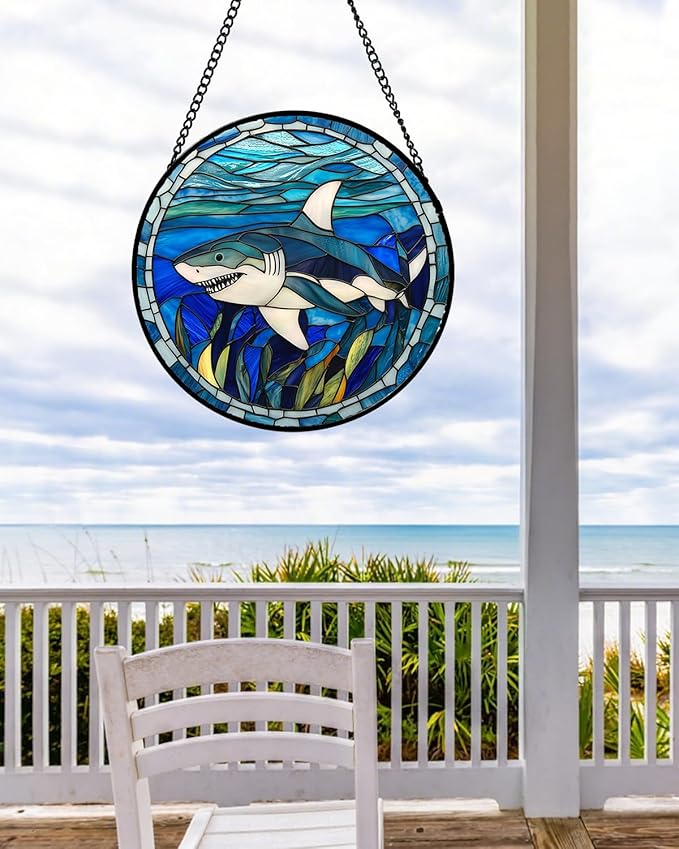 Stained Glass Suncatcher, Blue Ocean Big Shark Sun Catcher Waterweed Stain Glass Window Hanging Decoration Mother's Day Birthday Gifts for Women Men Mom Nana 7.8 in