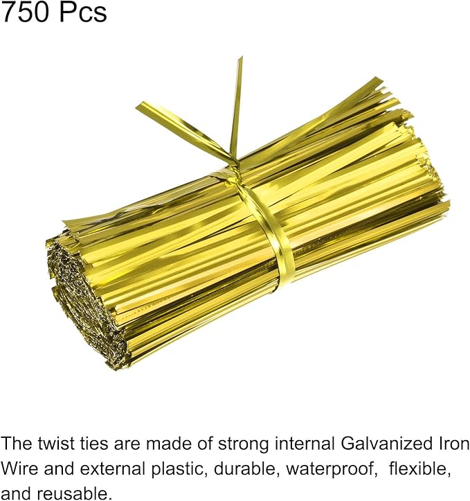 MECCANIXITY Foil Twist Ties 3" 8cm Metallic Plastic Closure Tie for Tying Bread, Candy, Cookies, Gift Bags Arts Crafts Ties Gold Tone Pack of 750