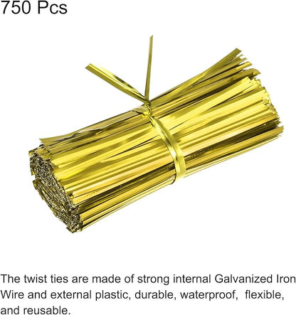 MECCANIXITY Foil Twist Ties 3" 8cm Metallic Plastic Closure Tie for Tying Bread, Candy, Cookies, Gift Bags Arts Crafts Ties Gold Tone Pack of 750