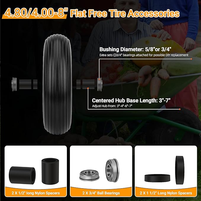 4.80/4.00-8 Flat Free Wheelbarrow Tire with 5/8 & 3/4 Bearing 3" -7" Centered Hub for Garden Cart Ribbed Tread Foamed Polyurethane Tire by NISHCON - 2 Pack