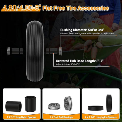 4.80/4.00-8 Flat Free Wheelbarrow Tire with 5/8 & 3/4 Bearing 3" -7" Centered Hub for Garden Cart Ribbed Tread Foamed Polyurethane Tire by NISHCON - 2 Pack