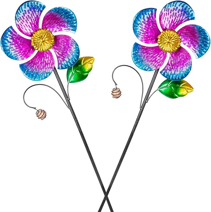 Viveta 2 Pack Wind Spinners with Metal Stake, 28.7 inches Outdoor Garden Pinwheels Spinners Purple Flower Shape Design for Yard Lawn Patio Decor
