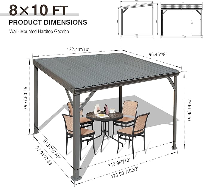 Domi 8'x10' Wall Mounted Hardtop Gazebo, Connectable Lean to Pergola with Gutters & Galvanized Steel Roof, 60MPH Wind Resistance, Outdoor Heavy Duty Metal Awning for Patio, Deck, Backyard - Grey