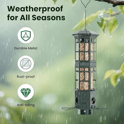 Squirrel Proof Bird Feeder for Outdoors - 3 Port Hanging Metal Bird Feeder with Gravity Spring, 3LB Large Capacity, Chew-Proof & Weather Resistant, Attract Wild Birds, Green