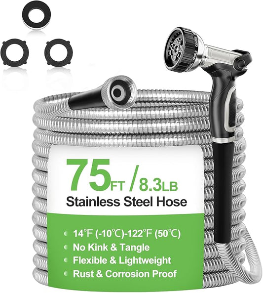 Garden Hose Metal 75 ft, Stainless Steel Water Hose with Upgrage Aluminum Nozzles, Flexible | Heavy Duty | Lightweight | No Kink | Anti-Bite Hose for Yard, RV Park, Outdoor Watering