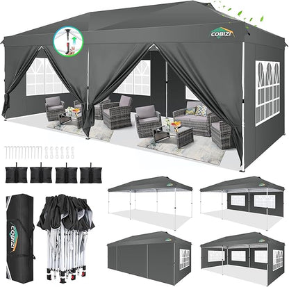COBIZI 10x20 Pop Up Canopy Tent with 6 Removable Sidewalls,Waterproof & UV 50+ Easy Up Canopy,Commercial Gazebo with Air Vent,4 Sand Bags,4 Stakes & 8 Ropes,Tents for Parties/Camping/Backyard,Gray
