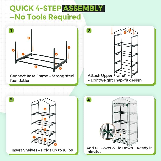 EAGLE PEAK 4-Tier Mini Greenhouse Portable Green House with Shelves & Weather-Resistant PE Cover, Small Greenhouse for Seedlings & Gardening Gifts, 27x19x64 in, Clear/White
