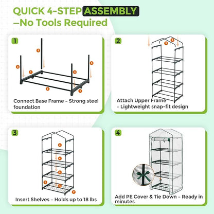 EAGLE PEAK 4-Tier Mini Greenhouse Portable Green House with Shelves & Weather-Resistant PE Cover, Small Greenhouse for Seedlings & Gardening Gifts, 27x19x64 in, Clear/White