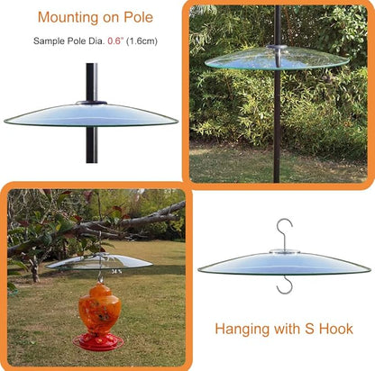 13" Glass Rain Cover for Bird Feeders Outdoors - Baffle on Shepherd Pole/Post or S Hooks Hanging - Large Weather Guard Protective Dome - Clear x 2PC (Dia. 33CM)