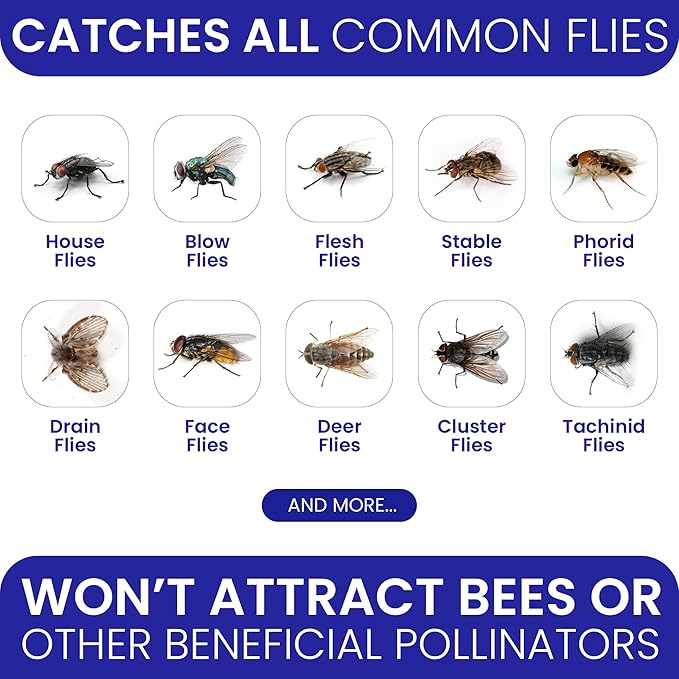 Fly Traps Outdoor Fly Trap for Patio. 4 Large Non-Toxic Pre-Baited Flies Bags Outdoor Disposable. Big Hanging Bug Catchers for All Filth Flies Killer for Outside Bug Control in Yard Horse Ranch