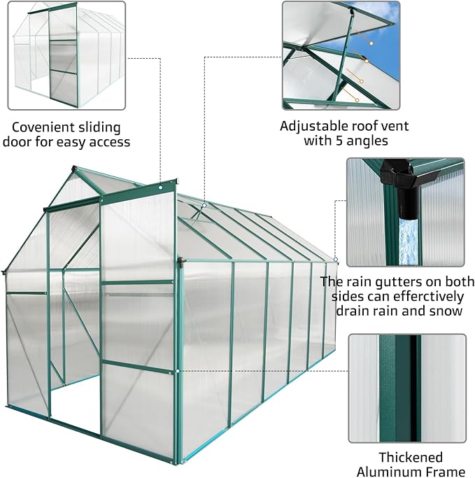 Favfurish 6x12 FT Greenhouse, Outdoor Polycarbonate Hot House, Garden Plants Green House with Raised Base, Sliding Door and Adjustable Vent Roof for Outdoor Patio, Green