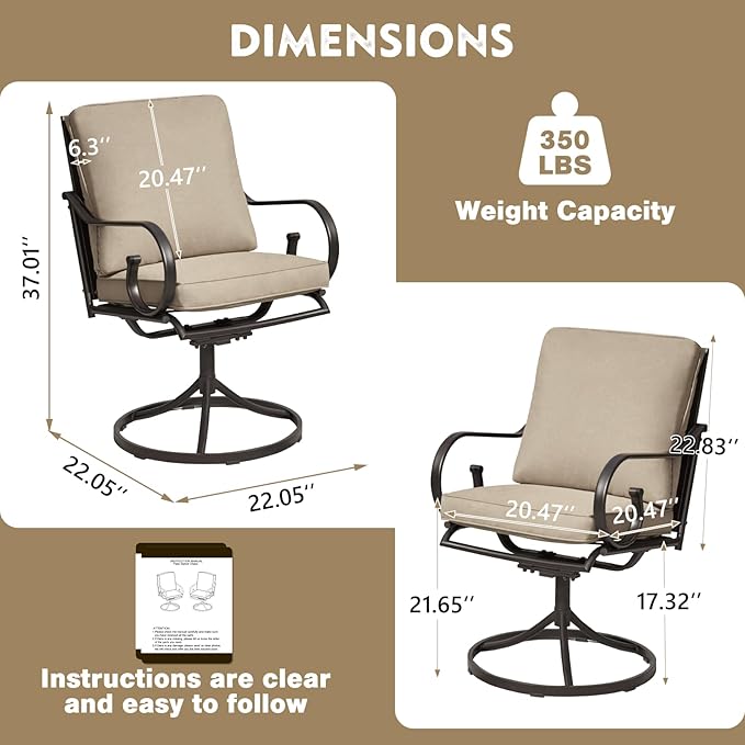 MELLCOM Patio Swivel Chair Set of 4, Heavy Duty Outdoor Dining Chairs with Thickened Cushions, Metal Patio Chairs Gentle Rocker for Outside, Garden Lawn & Porch, Backyard, Khaki