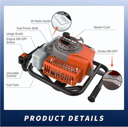72cc 2-Stroke Auger Post Hole Digger with 2 Extension Rods & 6" & 8" Auger Bits - Gas Powered Earth Auger for Fencing, Gardening, Construction - Heavy Duty Digging Machine (72cc+2 Auger Bit(6"8"))