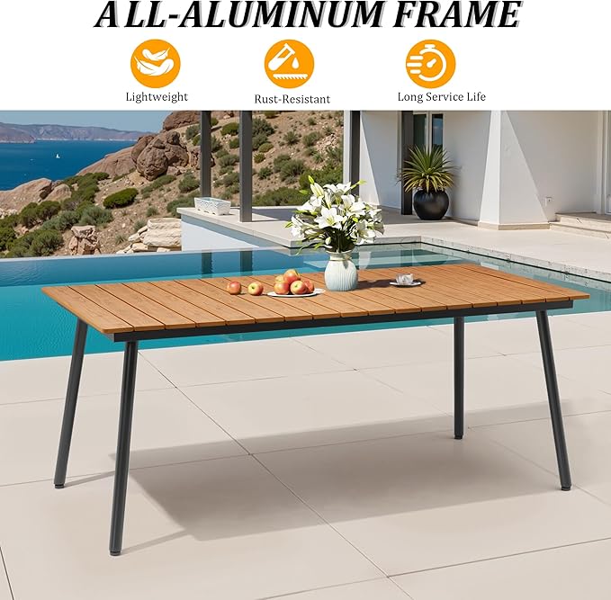 Outdoor Dining Table for 6, 70inch Patio Dining Table with Wooden-Like Top and Aluminum Frame, Rectangular Table with Umbrella Hole Outdoor Furniture, Brown