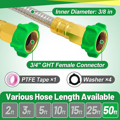 Garden Hose with Female to Female Connector - 50ft Metal Leakproof Leader Hose for Reel, Heavy Duty 304 Stainless Steel Flexible Water Pipe for Outdoor Garden Watering Car Pet Cleaning